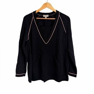 St. John Sport Black V-Neck Thick Knit Sweater Pink Trim Women’s Sz Medium